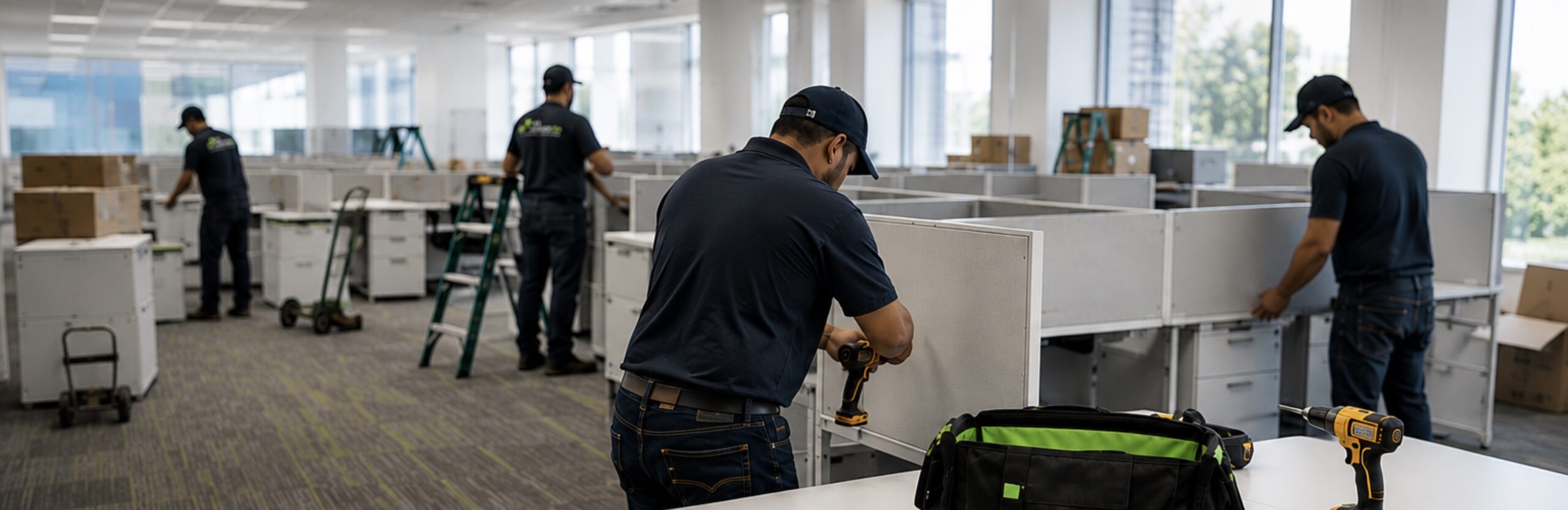 Professional office furniture installers assembling commercial workstations